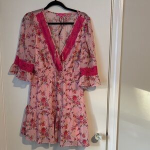 Betsey Johnson Floral Pink Dress with Lace Trim